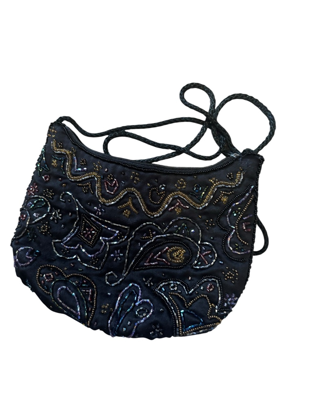 Source Unknown Black Beaded Shoulder Bag with Multicolor Embroidery